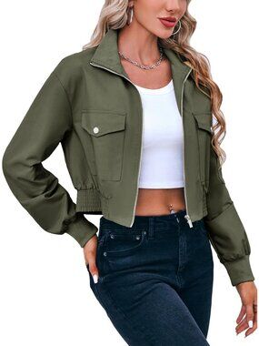 Women's Olive Cropped Cargo Pockets Zip Up Stand Collar Fall Short Bomber Jacket